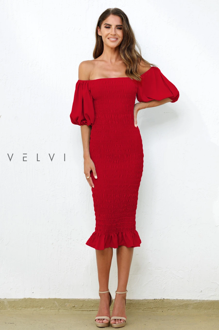 Skyla Shirred Midi Dress - RED - Image 6