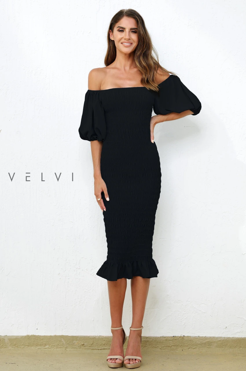 Skyla Shirred Midi Dress - BLACK