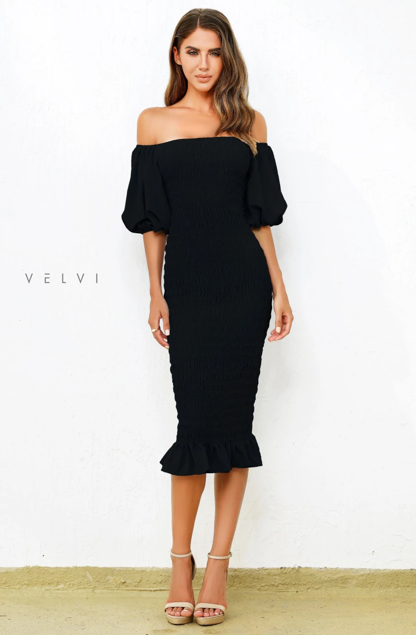 Skyla Shirred Midi Dress - BLACK - Image 2