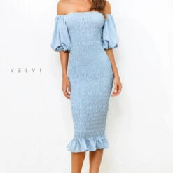 Skyla Shirred Midi Dress - LIGHT BLUE