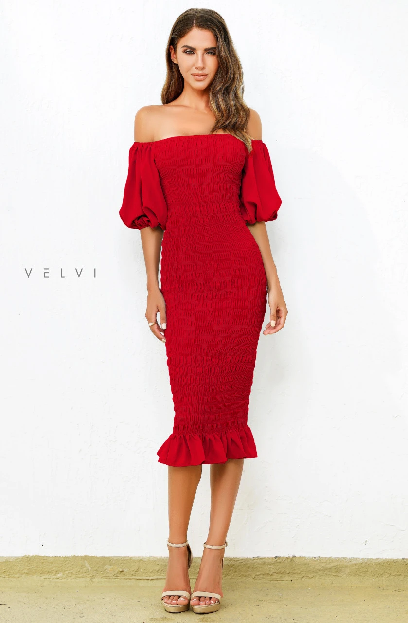 Skyla Shirred Midi Dress - RED - Image 4