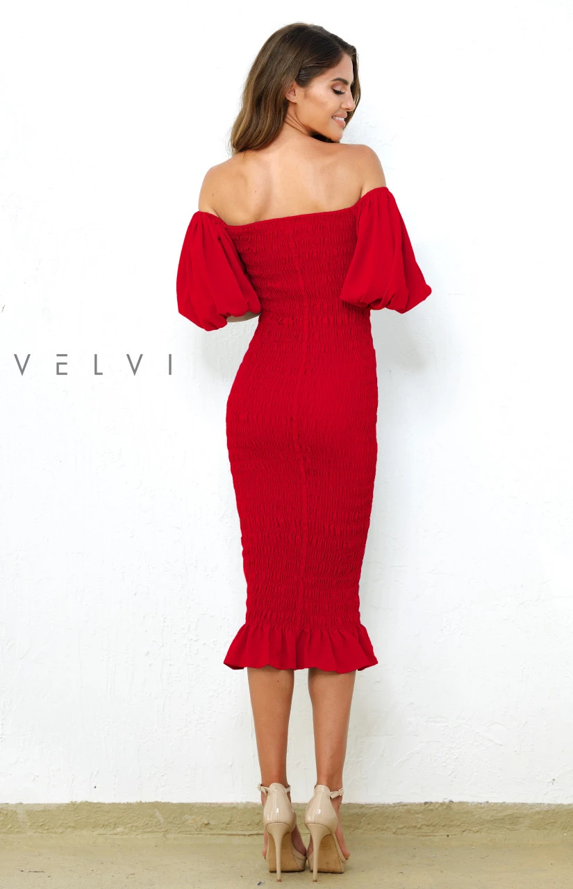Skyla Shirred Midi Dress - RED - Image 5