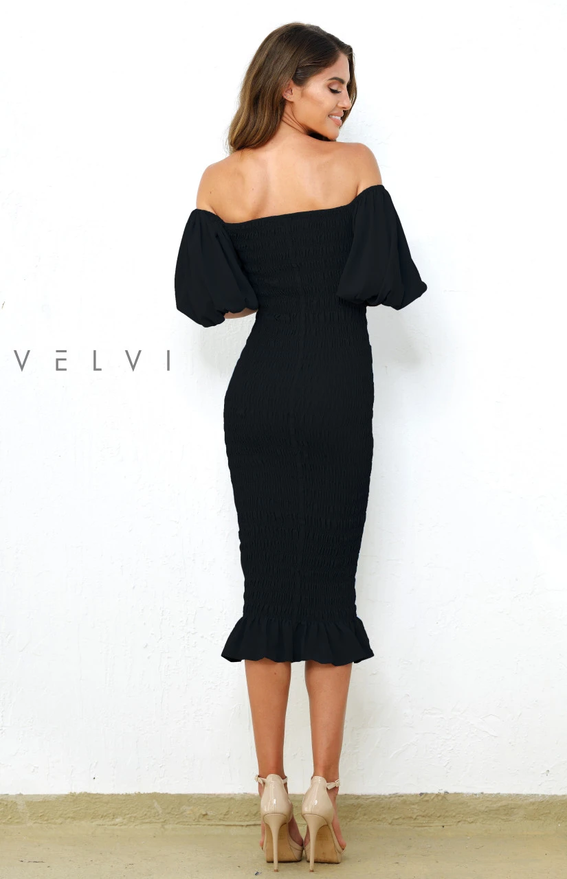 Skyla Shirred Midi Dress - BLACK - Image 3