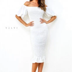 Skyla Shirred Midi Dress - WHITE