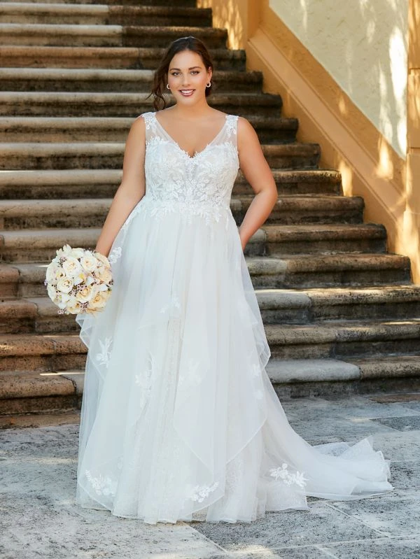 Christina Wu 29383 Tiered Skirt V-Neck Plus Size Wedding Dress