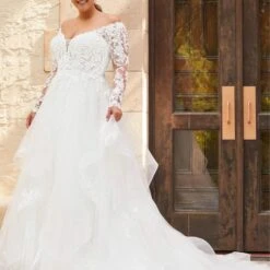 Christina Wu 29425 Flounce Skirt Long Sleeve Plus Size Wedding Dress