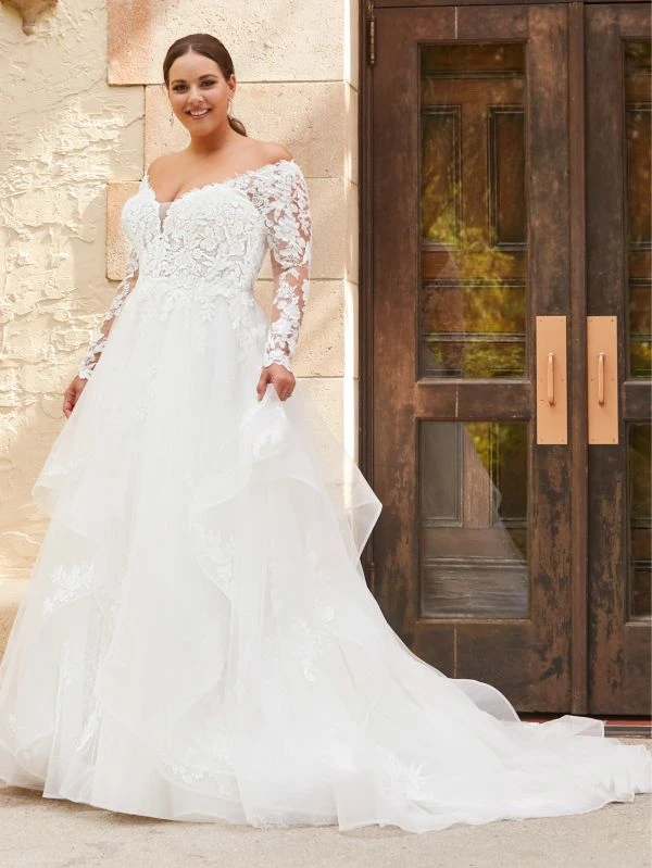 Christina Wu 29425 Flounce Skirt Long Sleeve Plus Size Wedding Dress