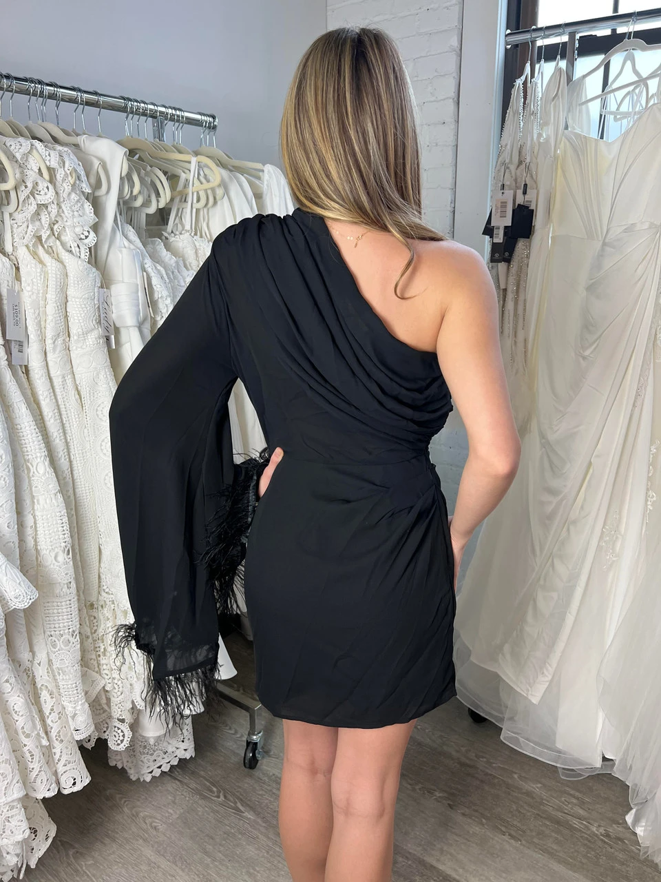 Size Small, Cleo One Sleeve Mini Dress - Black Feather-FINAL SALE - Image 6