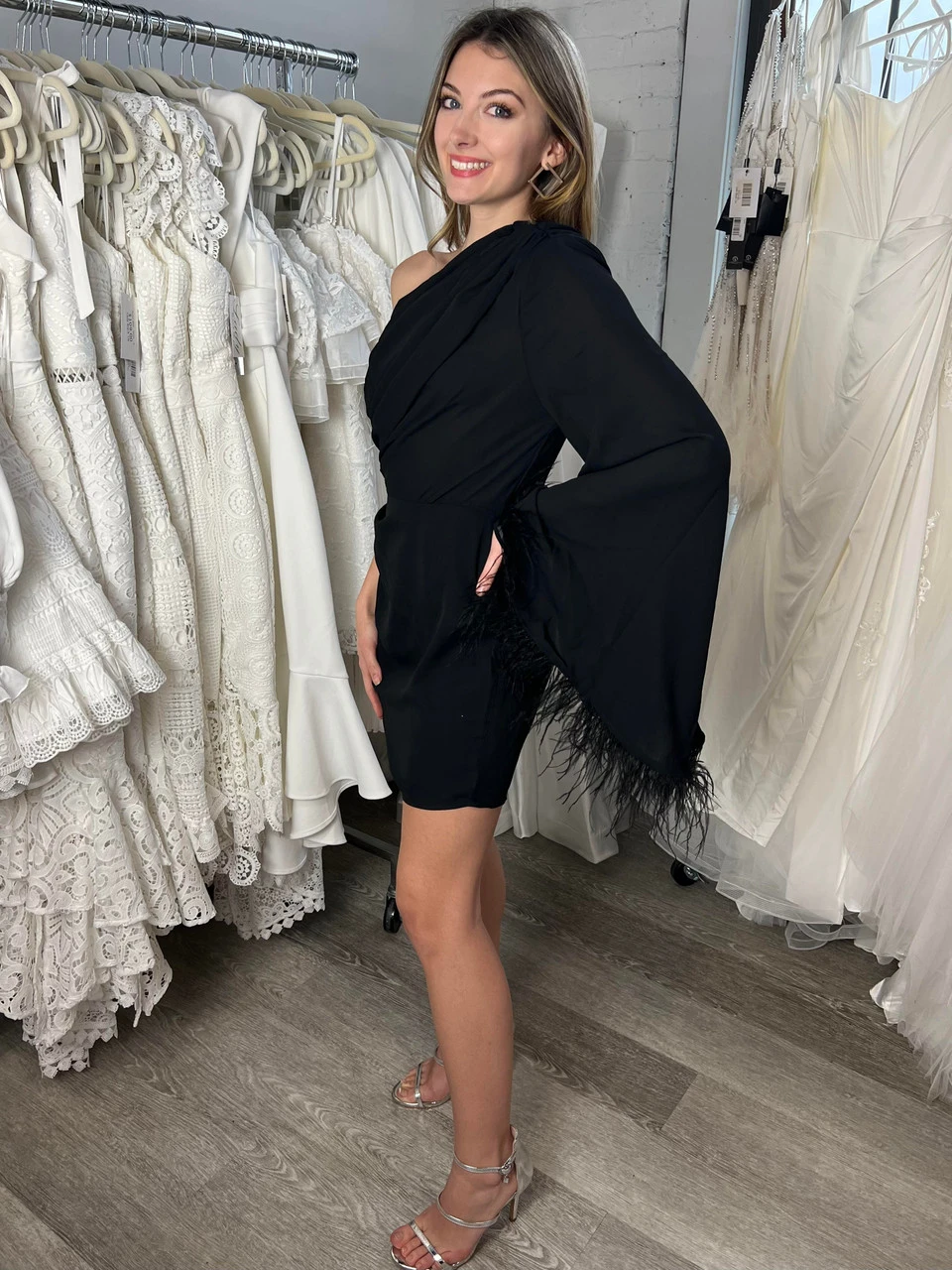 Size Small, Cleo One Sleeve Mini Dress - Black Feather-FINAL SALE - Image 5