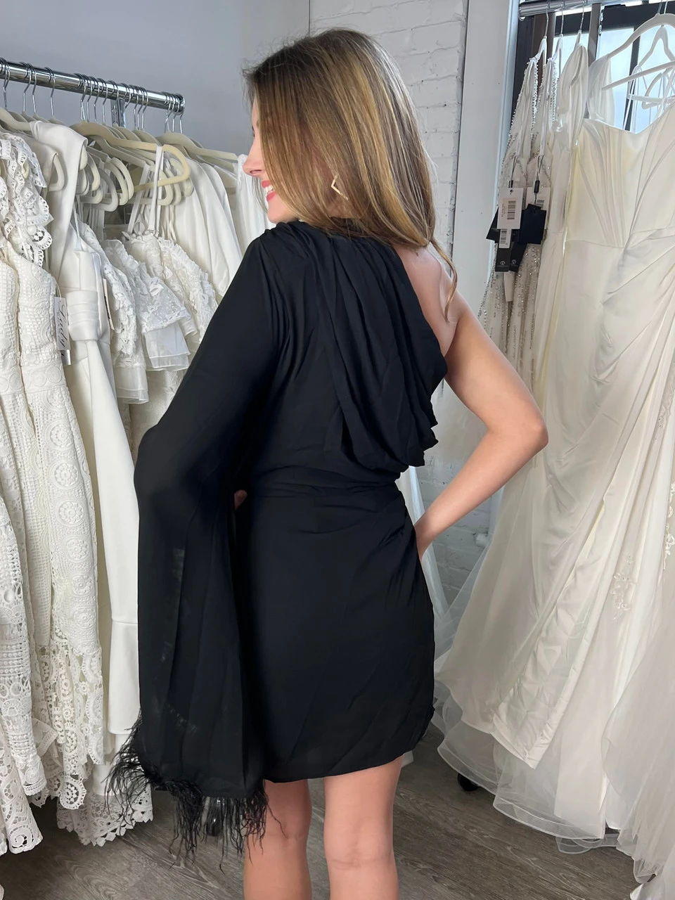 Size Small, Cleo One Sleeve Mini Dress - Black Feather-FINAL SALE - Image 7