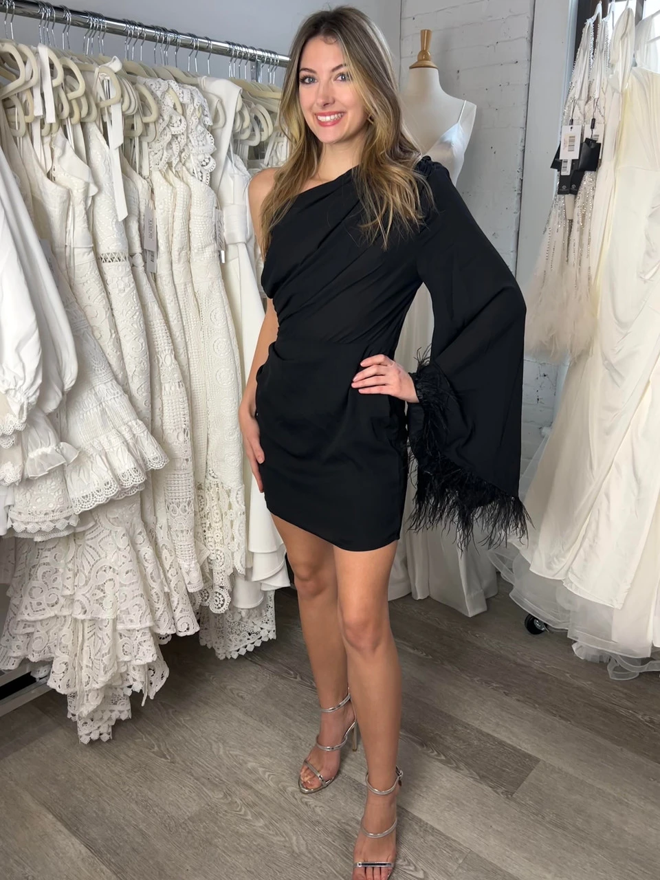 Size Small, Cleo One Sleeve Mini Dress - Black Feather-FINAL SALE - Image 2