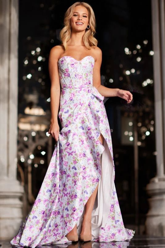 Jovani JVN37428 Ruffle Slit Floral Dress