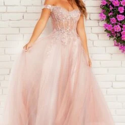 Jovani JVN37436 Sheer Corset Off The Shoulder Dress