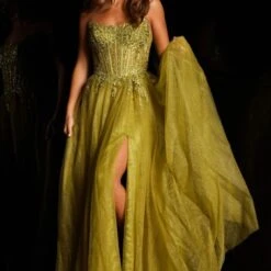 Jovani JVN37520 Embroidered Corset High Slit Dress