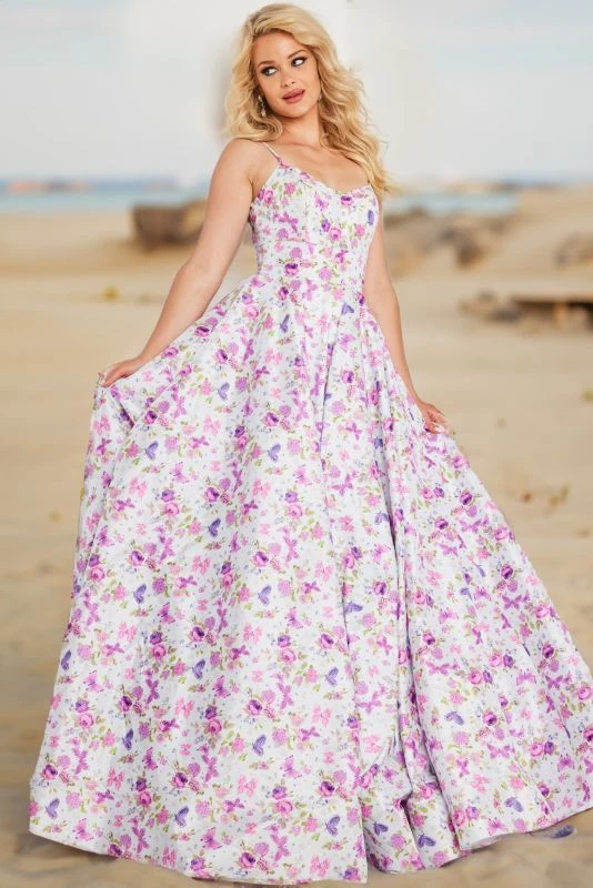 Jovani JVN38218 Floral Print Spaghetti Straps Dress