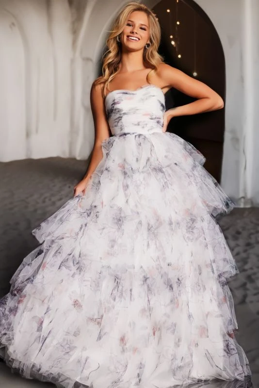 Jovani JVN38608 Tiered Skirt Bow Back Dress