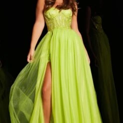 Jovani JVN38656 Embroidered Corset High Slit Dress