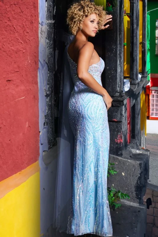 Jovani JVN39382 One Shoulder Cape Glitter Dress - Image 2