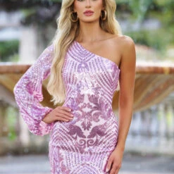 Florence One Sleeve Sequin Mini Dress - Pink Ice