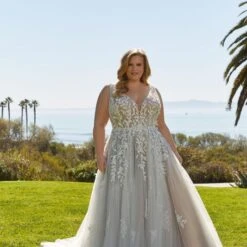 Mori Lee 3392 Lynette Sheer Top Plunging Neck Plus Size Wedding Dress
