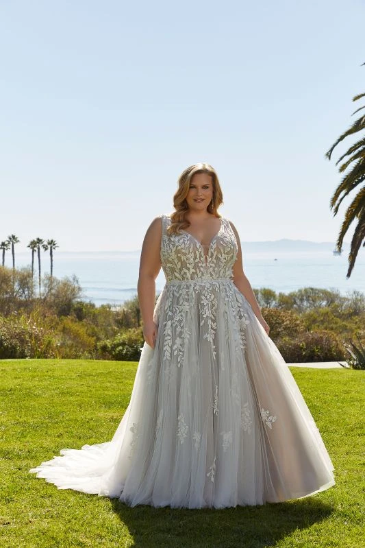 Mori Lee 3392 Lynette Sheer Top Plunging Neck Plus Size Wedding Dress