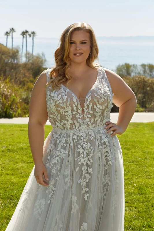 Mori Lee 3392 Lynette Sheer Top Plunging Neck Plus Size Wedding Dress - Image 2