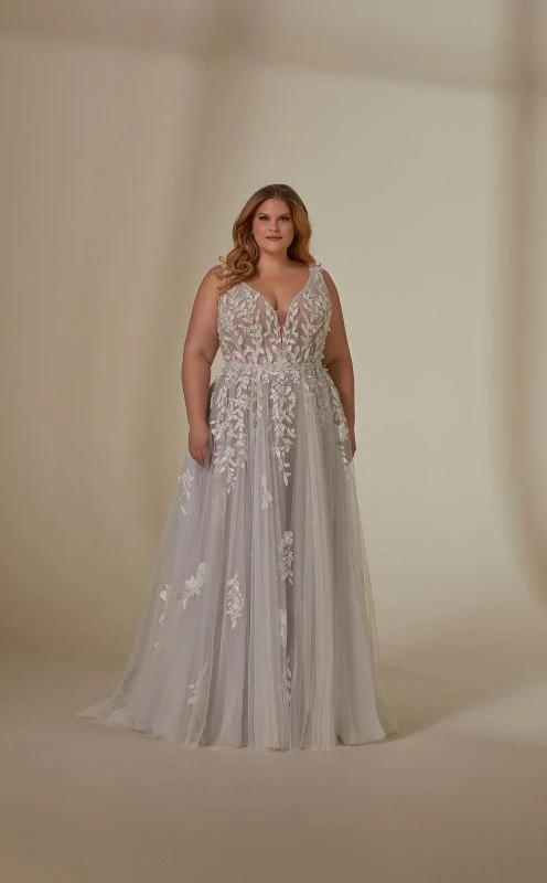Mori Lee 3392 Lynette Sheer Top Plunging Neck Plus Size Wedding Dress - Image 3