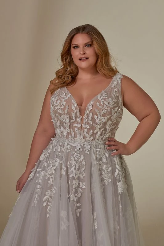 Mori Lee 3392 Lynette Sheer Top Plunging Neck Plus Size Wedding Dress - Image 5