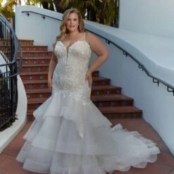 Mori Lee 3398 Leia Layered Skirt Plunging Neck Plus Size Bridal Dress