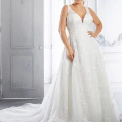Mori Lee 3327 Carla Floral Embroidered V-Neck Plus Size Bridal Dress
