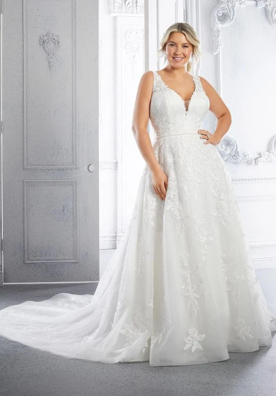 Mori Lee 3327 Carla Floral Embroidered V-Neck Plus Size Bridal Dress