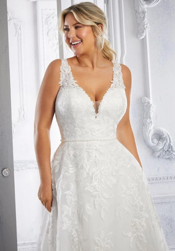 Mori Lee 3327 Carla Floral Embroidered V-Neck Plus Size Bridal Dress - Image 2