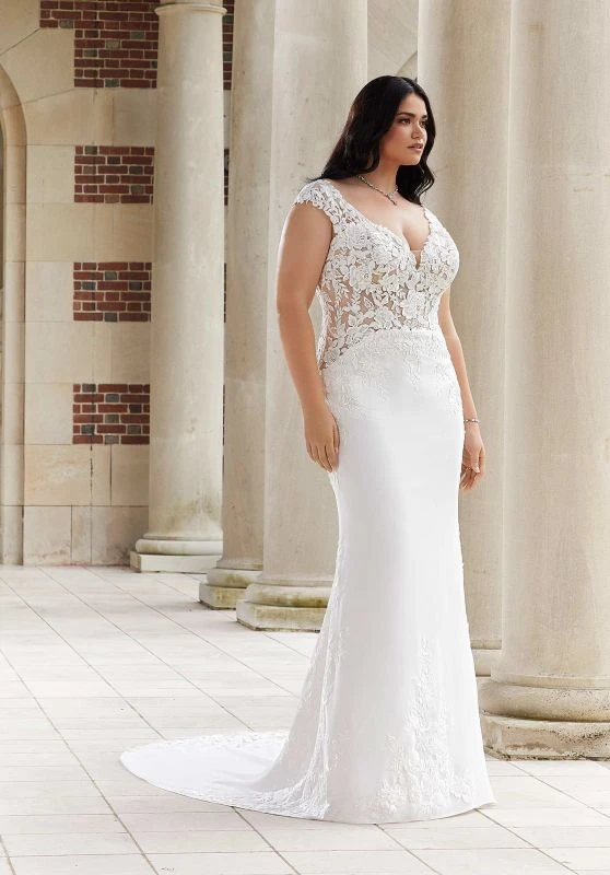 Mori Lee 3343 Evie Cutaway Train Lace Bodice Plus Size Wedding Dress