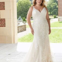 Mori Lee 3347 Esme Sheer Overskirt Petal Train Plus Size Bridal Dress