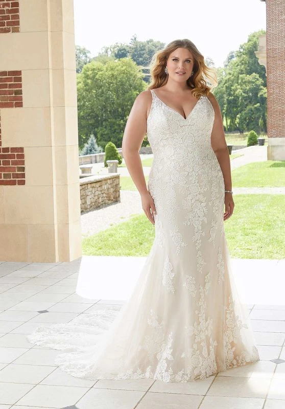 Mori Lee 3347 Esme Sheer Overskirt Petal Train Plus Size Bridal Dress