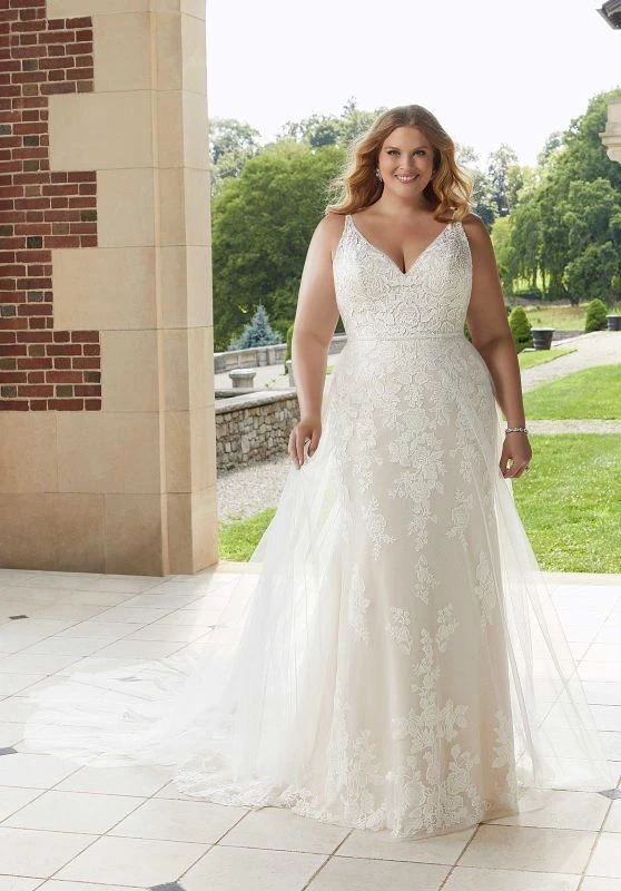 Mori Lee 3347 Esme Sheer Overskirt Petal Train Plus Size Bridal Dress - Image 3