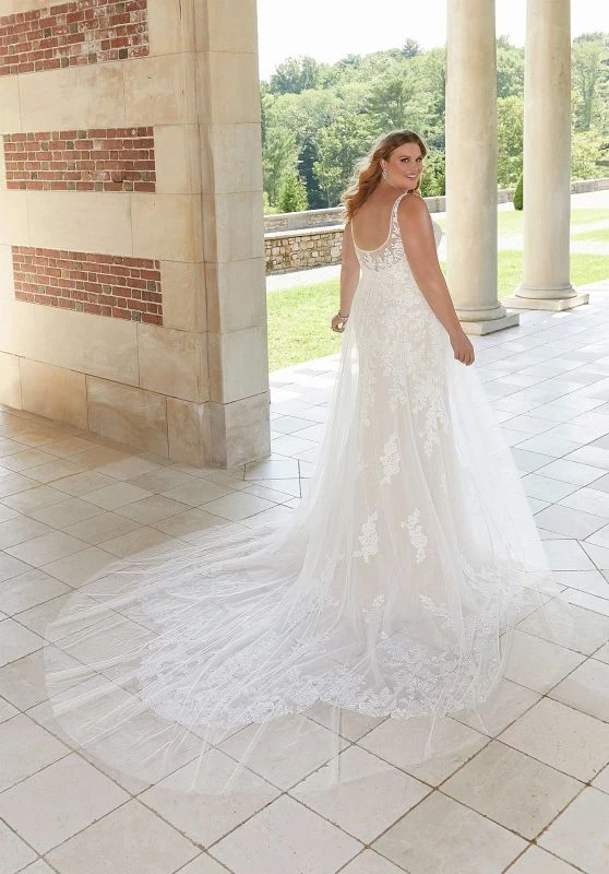 Mori Lee 3347 Esme Sheer Overskirt Petal Train Plus Size Bridal Dress - Image 4