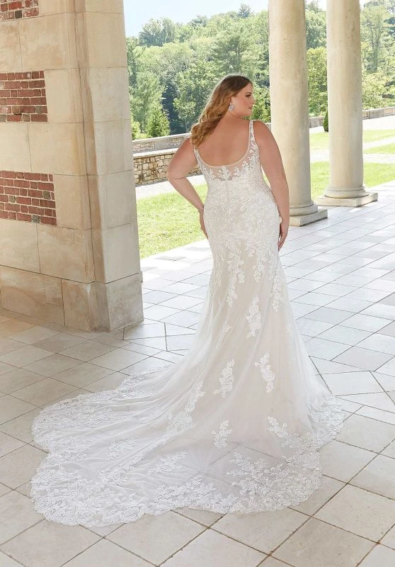 Mori Lee 3347 Esme Sheer Overskirt Petal Train Plus Size Bridal Dress - Image 5