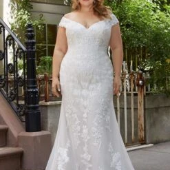 Mori Lee 3372 Heidi Sheer Train Off Shoulder Plus Size Wedding Dress
