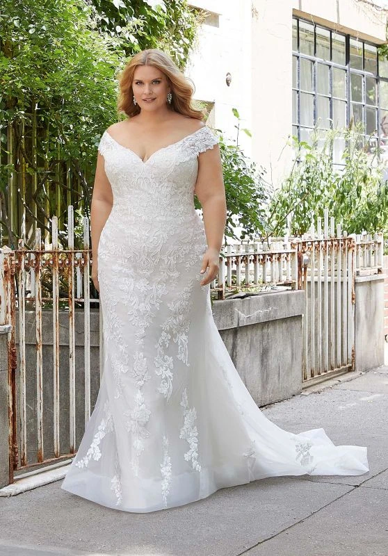 Mori Lee 3372 Heidi Sheer Train Off Shoulder Plus Size Wedding Dress - Image 4
