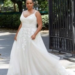 Mori Lee 3377 Haley Ruched Waist Floral Strap Plus Size Bridal Dress